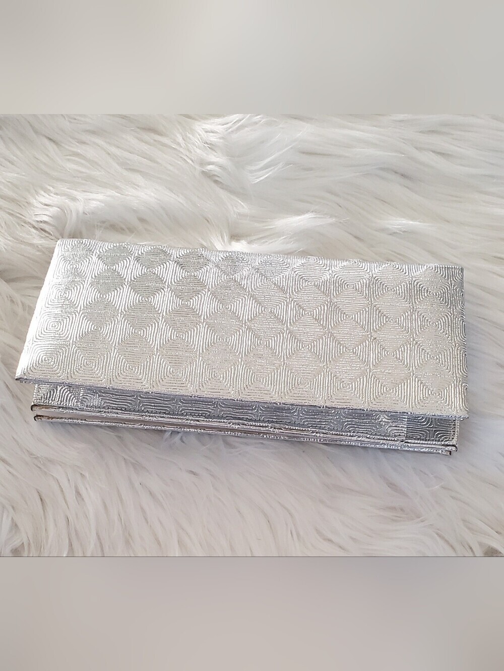 Silver Metallic Geometric Pattern Faux Leather Envelope Clutch Evening Bag